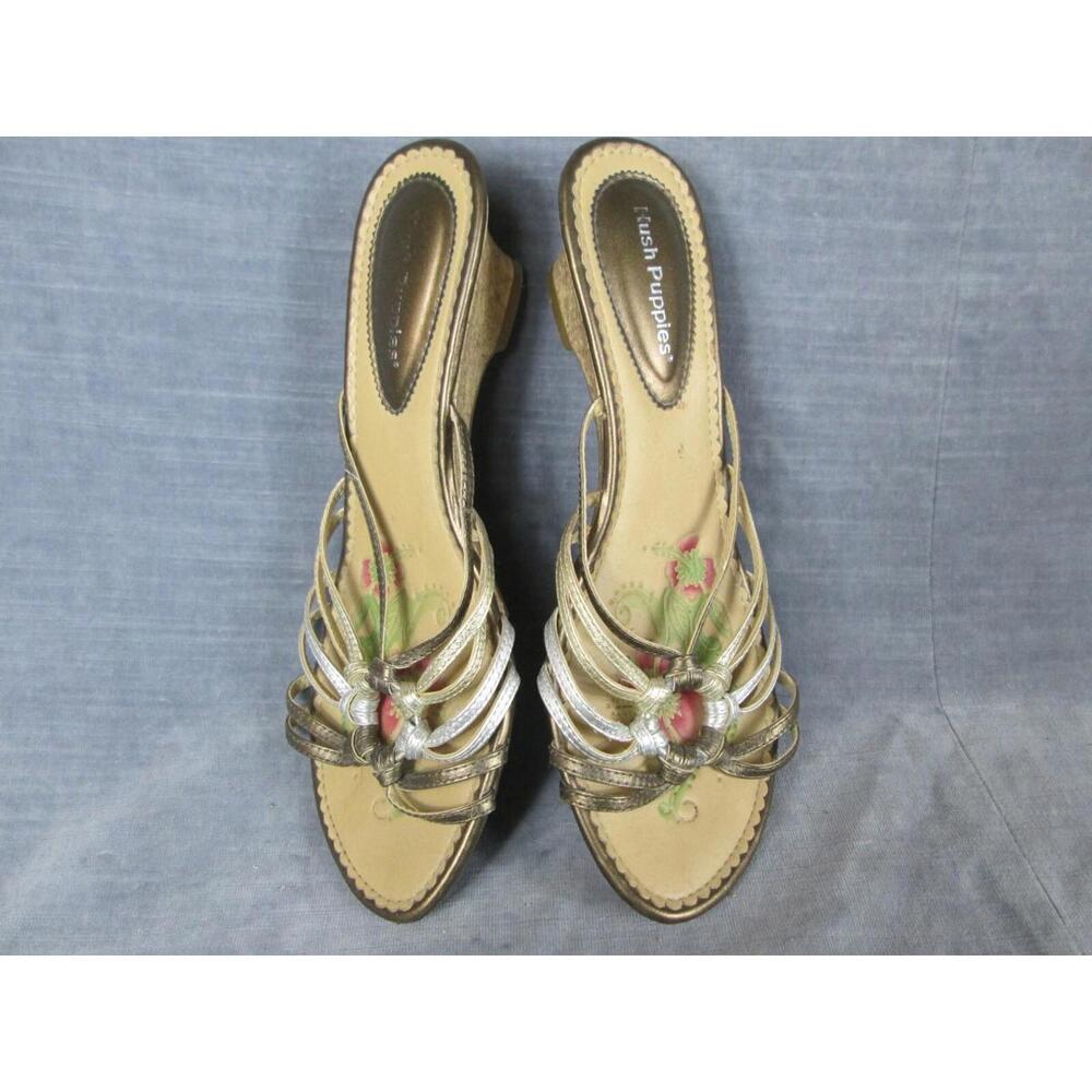 Hush Puppies Sandals Womens 6M Metallic Leather Slides Floral Insole Wedge Heels - Picture 7 of 8